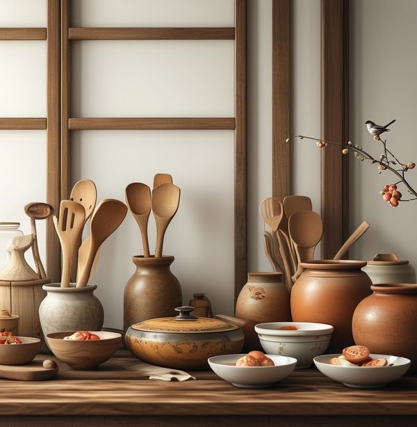 中式厨房主题，烹饪用具，家居装饰主题，图形风格，摄影，现实主义，32K分辨率，柔和色调，浅色背景，时代杂志风格，工作室摄影，大电影特效，逼真光影，电影感，极致细节，丰富光影细节，使用佳能EOS 5D Mark IV相机拍摄，配备佳能EF 70-200mm f/2.8L IS III USM镜头，光圈f/3.2，ISO 100，快门速度1/1250秒，镜头焦距110mm，自然光，明亮，超高画质，摄影，整洁背景，干净背景，白色背景，平滑色调背景，真实摄影，广角，特写，中景，超特写，鸟瞰图，空中视角，风格景观，高细节，高分辨率，超高质量，高清，水平构图，三角形构图，垂直构图，三分法构图，S形构图。
