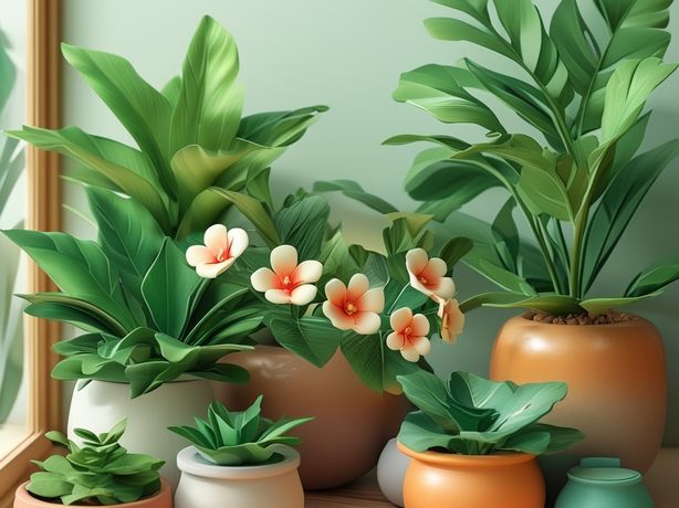 绿色植物主题，在家居聚会装饰中，鲜花和盆栽植物为室内空间增添了温馨和情感。3D图标、卡通、超级可爱、粘土、色彩渐变、纯背景、光泽、平滑度、柔和光线、OC、立体视角、3D、超高分辨率、超高细节、32K、磨砂玻璃材质、简单形状、粘土材质、等距视图、白色背景、最佳细节、高清、3D渲染、干净背景、特写、近景、中景、全景、超广角、全景、远景、鸟瞰、从...拍摄、棚内灯光、柔和光线、自然光线、阳光、暖光、3D、3D Blender渲染、OC渲染、3D渲染、3D图标粘土渲染、低多边形、3D插画风格、bl、高细节、HD、高分辨率、超高质量、S形构图、三角形构图、水平构图、垂直构图、中心构图、750。