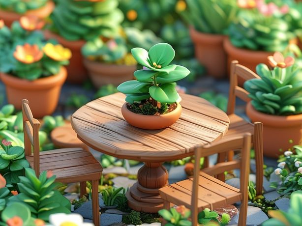 绿色植物主题，花朵和盆栽植物环绕着户外餐桌，3D图标，卡通风格，超级可爱，粘土材质，色彩渐变，纯色背景，光泽，平滑度，柔和的光线，OC视角，立体视角，3D效果，超高分辨率，超高细节，32K分辨率，磨砂玻璃材质，简单形状，粘土材质，等距视图，白色背景，最佳细节，高清，3D渲染，干净背景，特写，近景，中景，全景，超广角，全景，远景，鸟瞰，从...拍摄，工作室照明，柔和光线，自然光线，阳光，温暖光线，3D效果，3D Blender渲染，OC渲染，3D渲染，3D图标粘土渲染，低多边形，3D插画风格，bl，高细节，高清，高分辨率，超高质量，S形构图，三角形构图，水平构图，垂直构图，中心构图，750。