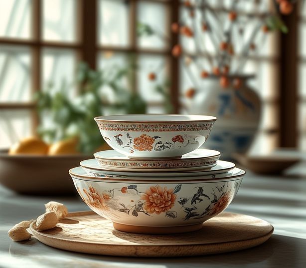 中式厨房主题，陶瓷碗，家居装饰主题，图形风格，摄影，现实主义，32K分辨率，柔和色调，浅色背景，时代杂志风格，工作室摄影，大电影特效，逼真光影，电影感，极致细节，丰富光影细节，使用佳能EOS 5D Mark IV相机拍摄，配备佳能EF 70-200mm f/2.8L IS III USM镜头，光圈f/3.2，ISO 100，快门速度1/1250秒，镜头焦距110mm，自然光，明亮，超高画质，摄影，整洁背景，干净背景，白色背景，平滑色调背景，真实摄影，广角，特写，中景，超特写，鸟瞰图，空中视角，风格景观，高细节，高分辨率，超高质量，高清，水平构图，三角形构图，垂直构图，三分法构图，S形构图。