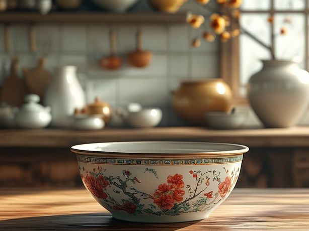 中式厨房主题，搪瓷碗，家居主题，图形风格，摄影，现实主义，32K分辨率，柔和色调，浅色背景，时代杂志风格，工作室摄影，大电影特效，逼真光影，电影感，极致细节，丰富光影细节，使用佳能EOS 5D Mark IV相机拍摄，配备佳能EF 70-200mm f/2.8L IS III USM镜头，光圈f/3.2，ISO 100，快门速度1/1250秒，镜头焦距110mm，自然光，明亮，超高画质，摄影，整洁背景，干净背景，白色背景，平滑色调背景，真实摄影，广角，特写，中景，超特写，鸟瞰图，空中视角，风格景观，高细节，高分辨率，超高质量，高清，水平构图，三角形构图，垂直构图，三分法构图，S形构图。