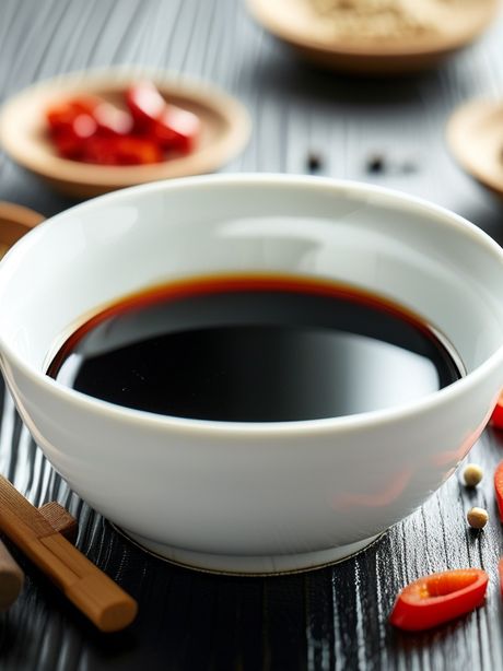 调味主题，菜肴中的酱油，白色背景，中心大面积的空白，摄影，现实主义，32K分辨率，柔和的色彩，背景光，时代杂志风格，工作室摄影，大电影特效，逼真的光影，电影感，极致细节，丰富的光影细节，使用佳能EOS 5D Mark IV相机拍摄，配备佳能EF 70-200mm f/2.8L IS III USM镜头，光圈f/3.2，ISO 100，快门速度1/1250秒，镜头焦距110mm，自然光，明亮，超高画质，干净背景，白色背景，平滑色彩背景，引人入胜的简约风格，真实摄影，广角，特写，中景，超特写，鸟瞰视角，空中视角，风格化景观，高细节，高分辨率，超高质量，高清，水平构图，三角形构图，垂直构图，三分法构图，S形构图。