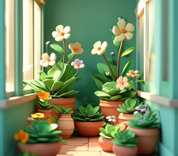 绿色植物主题，花朵和盆栽植物被放置在走廊的一角，3D图标、卡通形象，超级可爱，粘土材质，色彩渐变，纯色背景，光泽感，平滑度，柔和的光线，OC视角，立体视角，3D效果，超高分辨率，超高细节，32K分辨率，磨砂玻璃材质，简单形状，粘土材质，等距视图，白色背景，最佳细节，高清，3D渲染，干净背景，特写，近景，中景，全景，超广角，全景，远景，鸟瞰，从...拍摄，工作室灯光，柔和光线，自然光线，阳光，温暖光线，3D效果，3D Blender渲染，OC渲染，3D渲染，3D图标粘土渲染，低多边形，3D插画风格，bl，高细节，高清，高分辨率，超高质量，S形构图，三角形构图，水平构图，垂直构图，中心构图，750。
